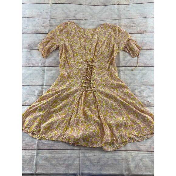 Free People Women's Yellow Floral Lace Up Mini Dress - Medium - Picture 12 of 14
